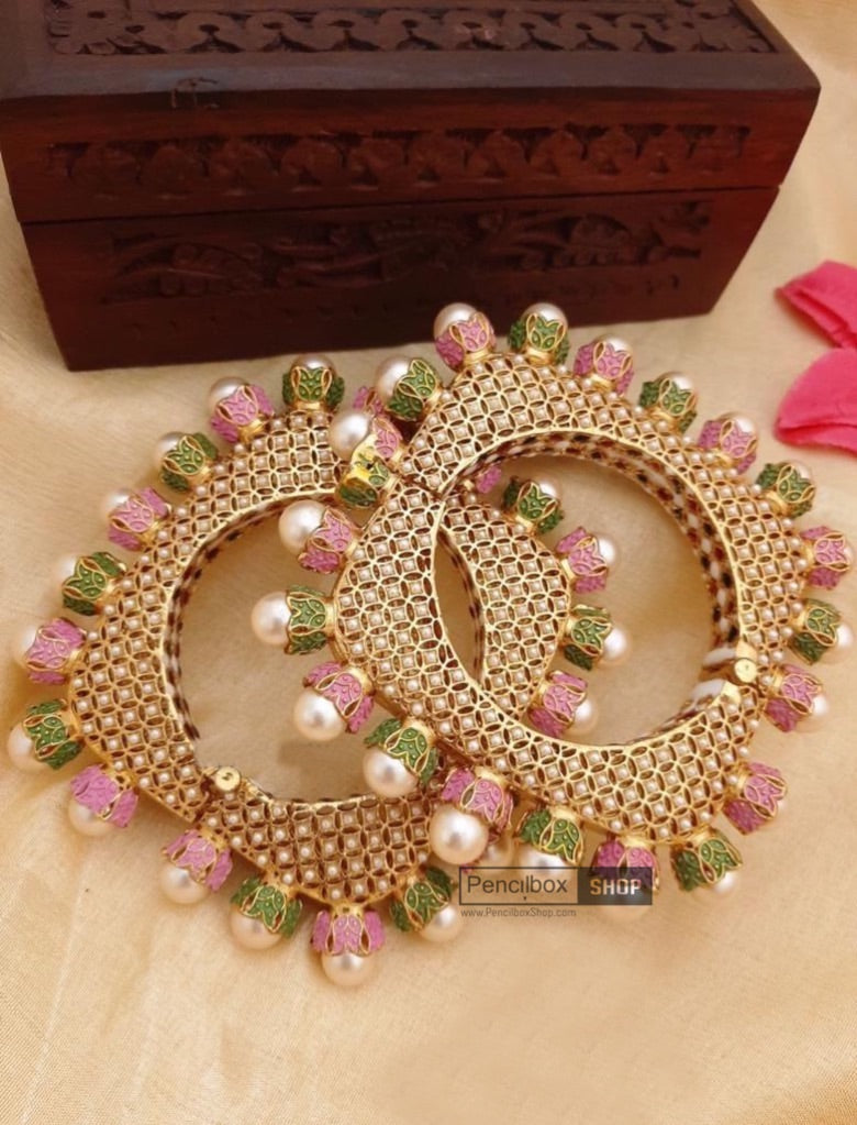 White pearl Mint pink Statement Meenakari Jadau Kundan Rajasthani Openable Single Bangle
