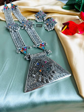 Load image into Gallery viewer, Multicolor Statement Triangle  Stone Big Pendant Oxidised Afghani Necklace set
