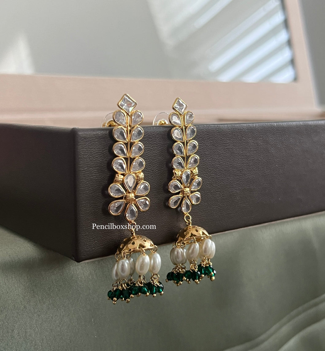 14k Gold plated Green White Stone Pearl Drop Temple earrings