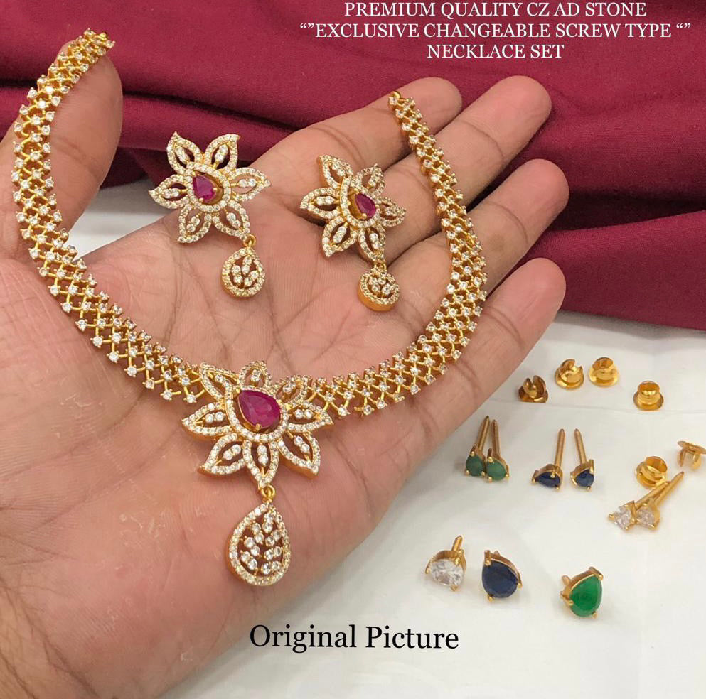 Golden Changeable Stone Multicolor American Diamond Necklace set
