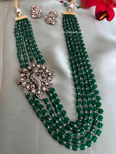 Load image into Gallery viewer, American Diamond peacock Green mala long Victorian Kundan Necklace set
