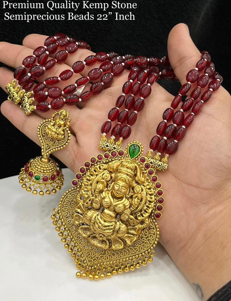 Semi Precious Beads mala Lakshmi Ji Long Necklace set Temple Jewelry