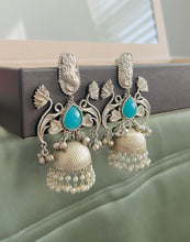 Load image into Gallery viewer, German silver Blue Silver 92.5 silver coated Peacock lotus Jhumka Earrings
