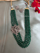 Load image into Gallery viewer, American Diamond peacock Green mala long Victorian Kundan Necklace set
