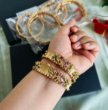 Load image into Gallery viewer, Set of 2 Bangles Flower Kemp stone Kundan Stone gold finish
