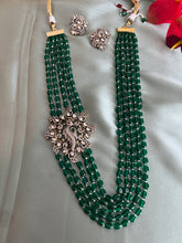 Load image into Gallery viewer, American Diamond peacock Green mala long Victorian Kundan Necklace set
