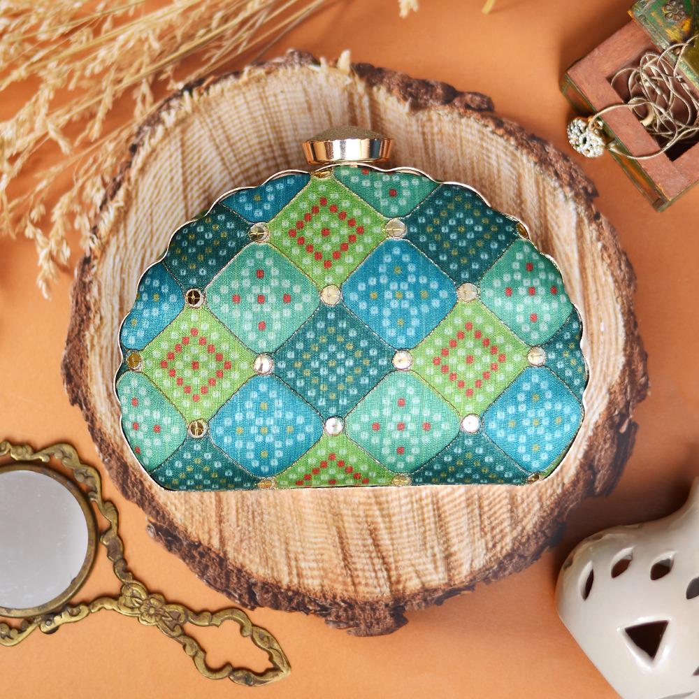 Shades of Green Multicolor printed Patola  Ethnic clutch for women with chain