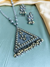 Load image into Gallery viewer, White Kundan Triangle  Stone Big Pendant Oxidised Afghani Necklace set
