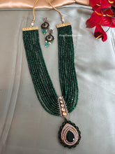 Load image into Gallery viewer, American Diamond layered Green mala long Victorian Kundan Necklace set
