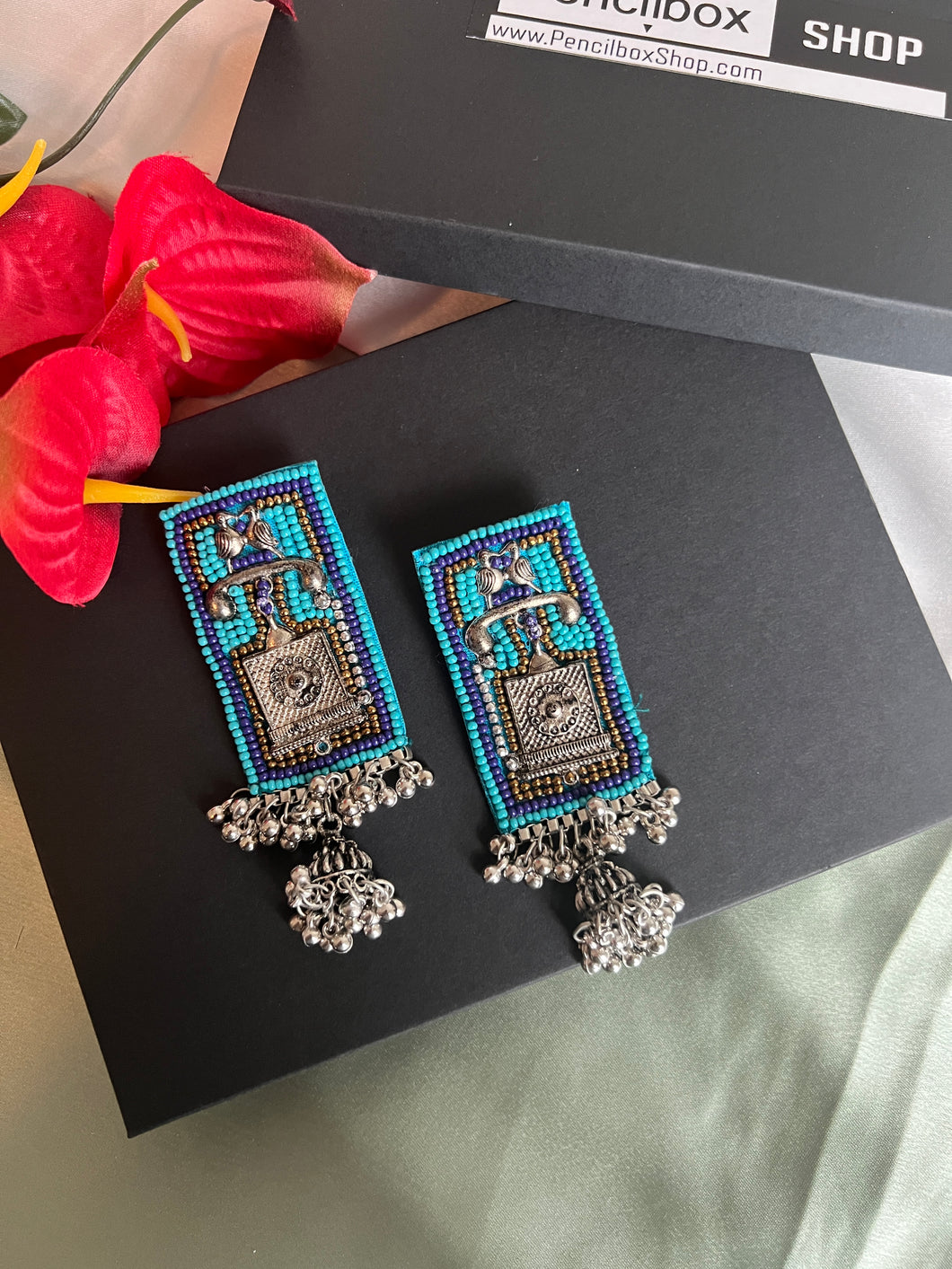 Handmade Blue Beads Telephone Jhumka Statement Earrings