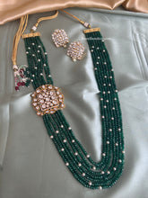 Load image into Gallery viewer, CAmerican Diamond Moissanite Green mala long Victorian Kundan Necklace set
