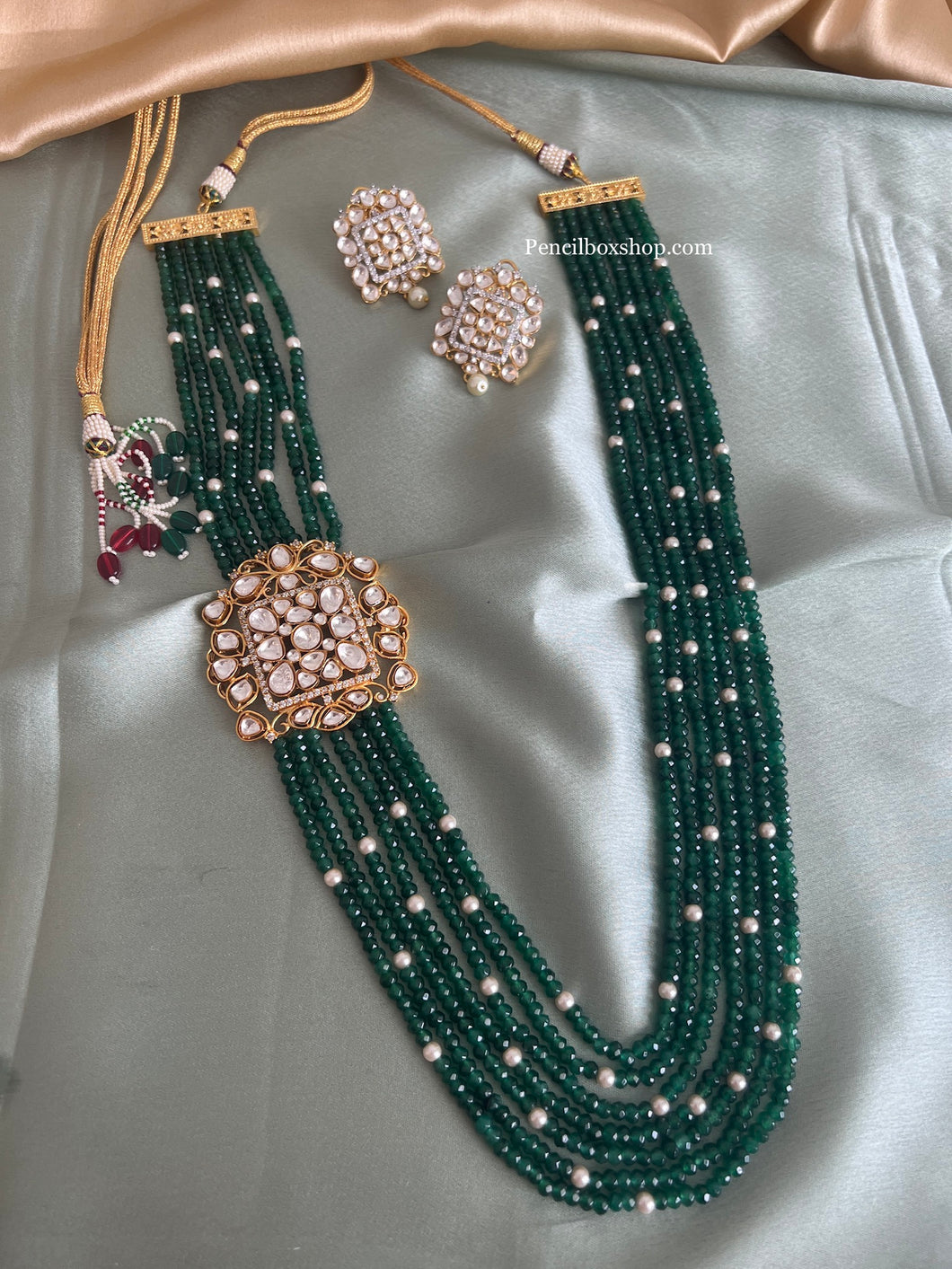 CAmerican Diamond Moissanite Green mala long Victorian Kundan Necklace set