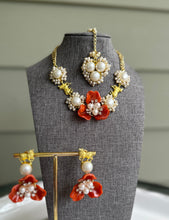 Load image into Gallery viewer, Nandi Contemporary Designer orange Flower Natural Stone Necklace set with maangtikka
