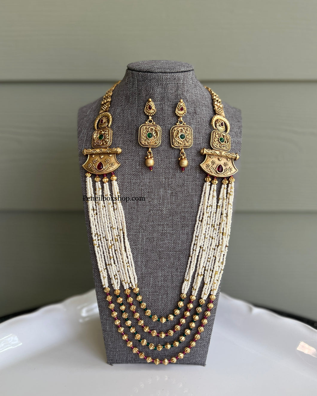 Multicolor Pearl Rajwadi kemp stone Haram Designer Necklace set templejewelry