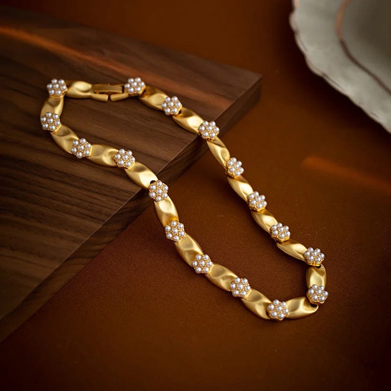 Designer Golden Flower pearl Statement choker Necklace IDW