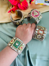 Load image into Gallery viewer, Jute Kundan Meenakari stone gold finish cuff Kada Adjustable
