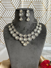 Load image into Gallery viewer, Designer Statement Uncut Polki Kundan Cz Silver Foiled Necklace set
