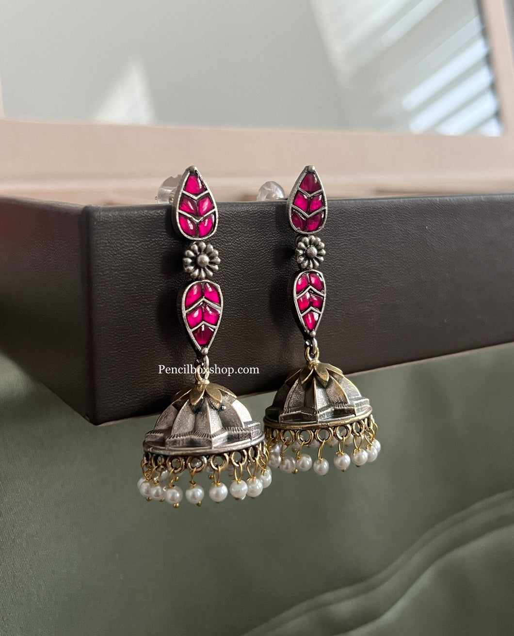German silver Pachi Kundan Pink layered Earrings