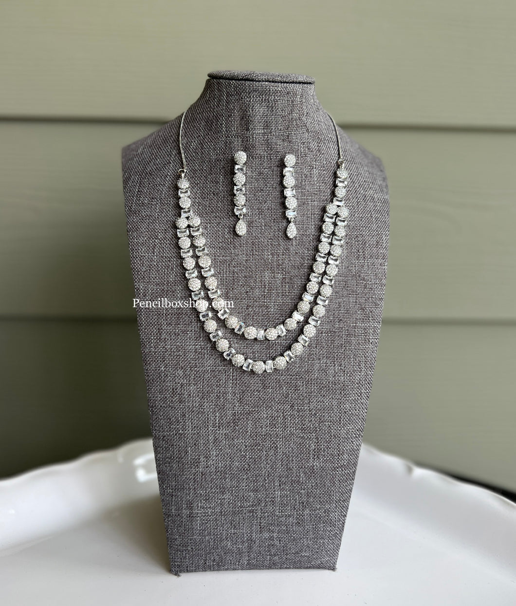 Silver Simple Layered American Diamond cz Necklace set