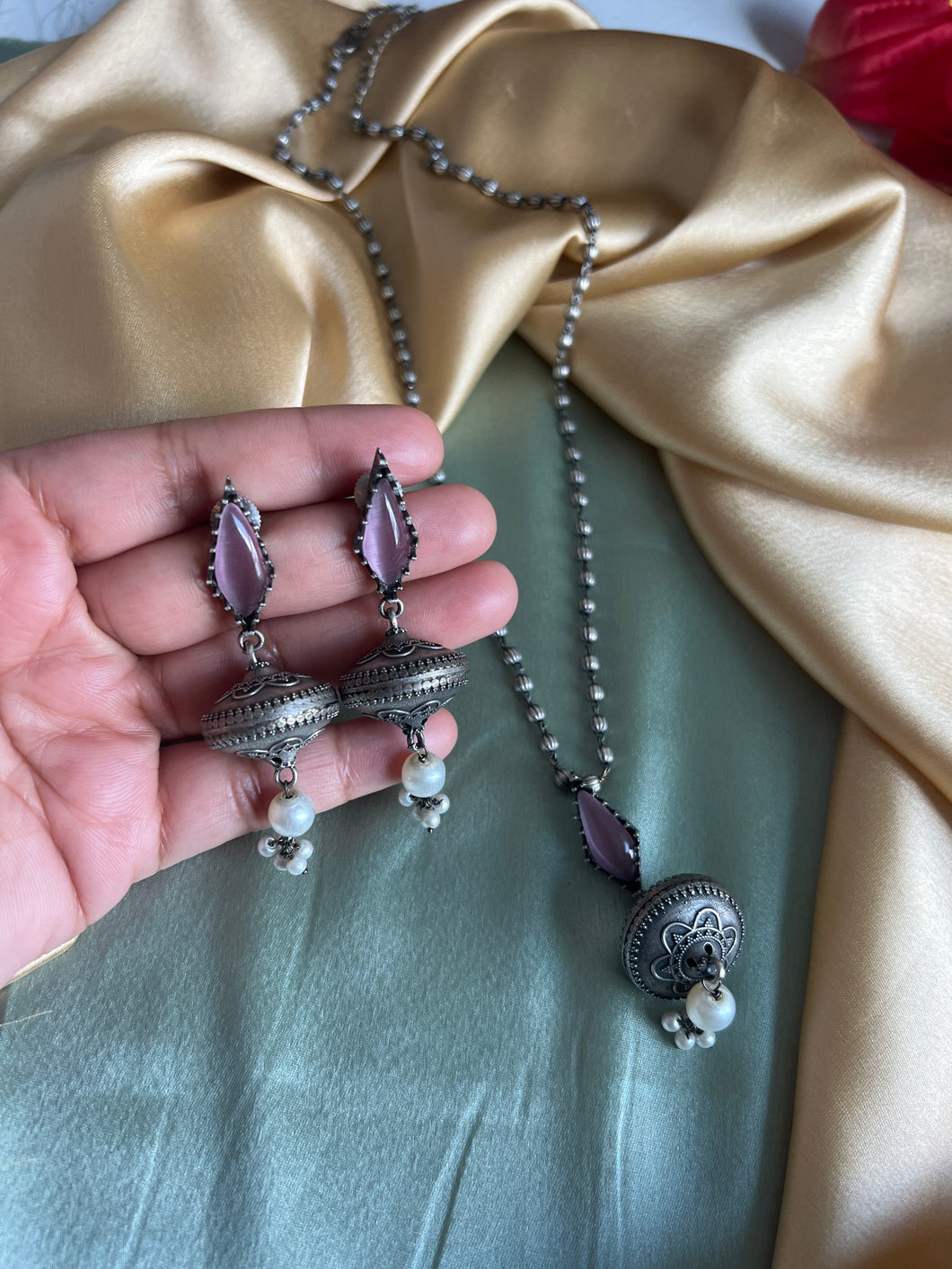 German silver Stone Ghungroo Ball  Pendant Set necklace set