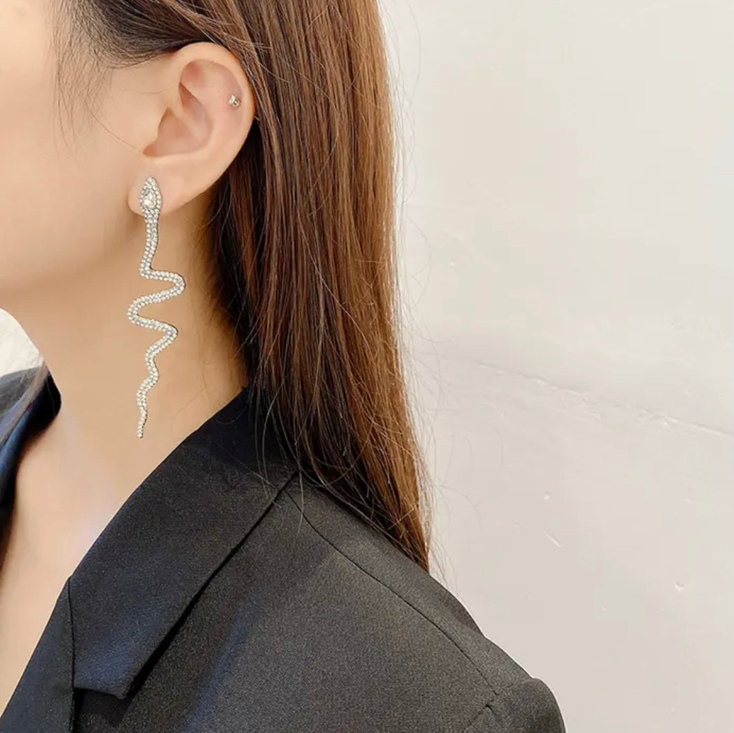 Snake shaped Rhinestone Long Statement Earrings IDW