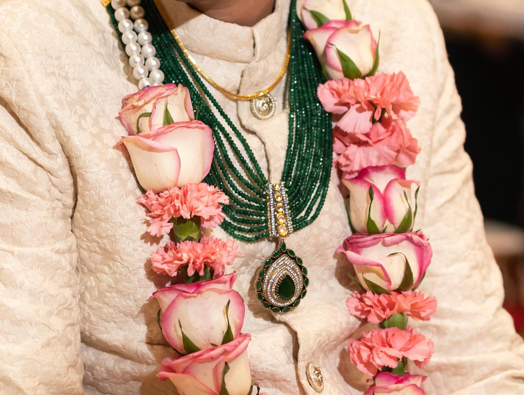 American Diamond layered Green mala long Victorian Kundan Necklace set