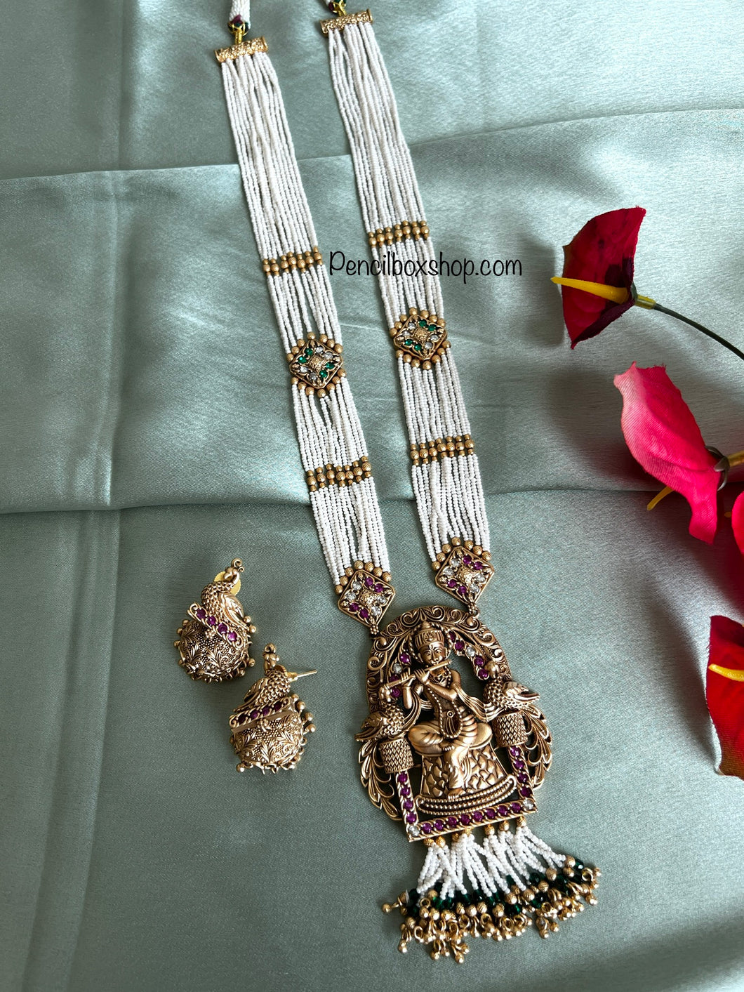 Multicolor Pearl Krishna With Flute  kemp stone Long haram Necklace set templejewelry