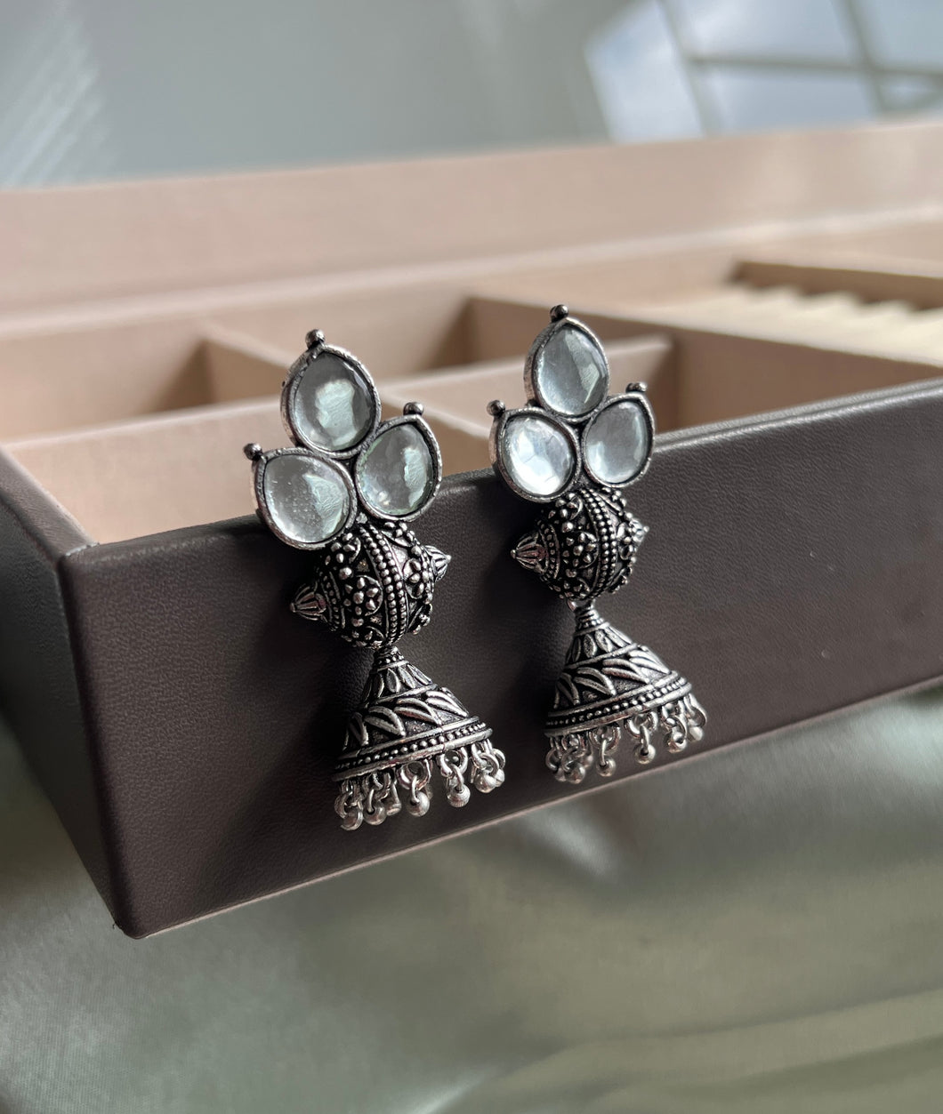 White kundan jhumka German Silver Earrings