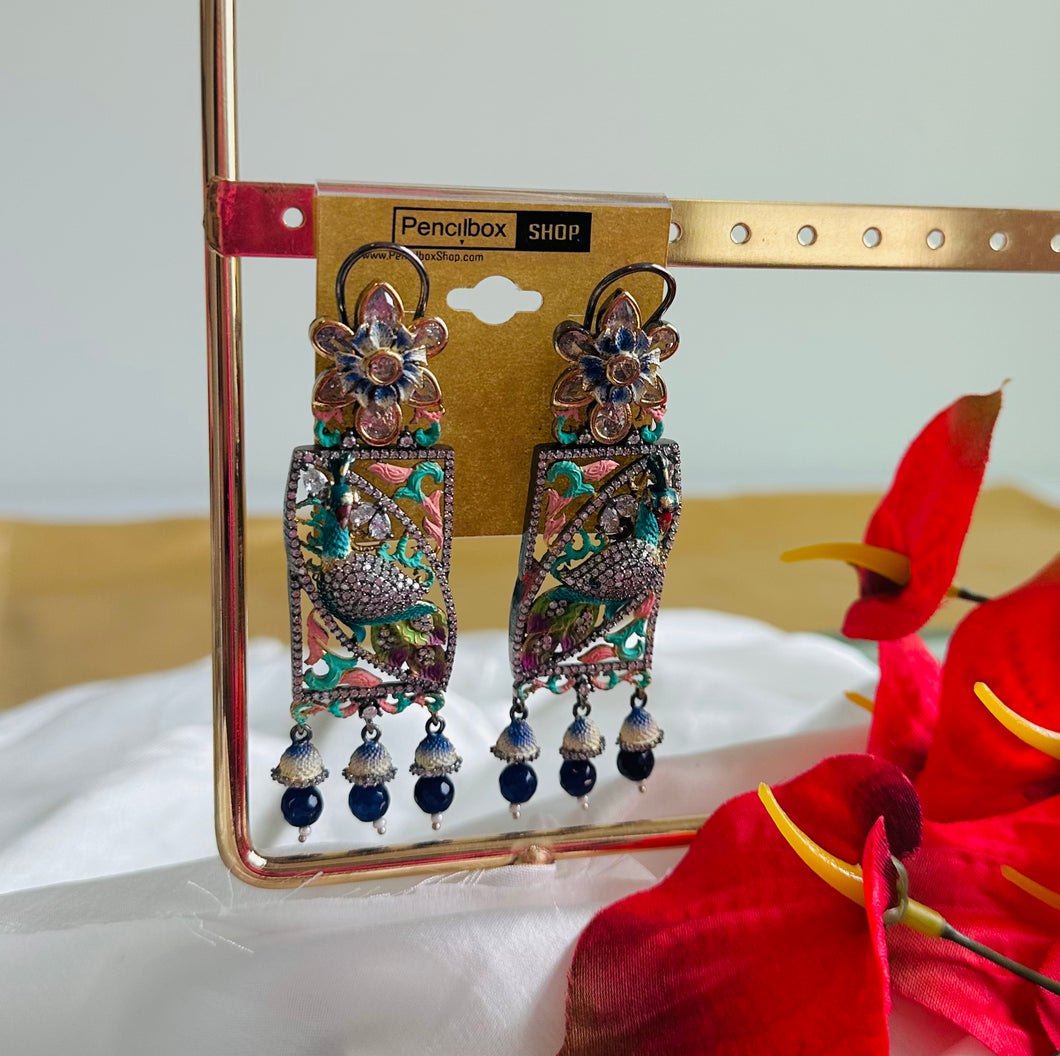 American diamond Peacock Blue Beads Multicolor Shaded Jhumka Cz Earrings