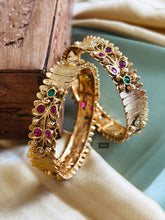 Load image into Gallery viewer, Set of 2 Bangles Flower Kemp stone Kundan Stone gold finish

