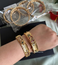 Load image into Gallery viewer, Set of 2 Bangles Flower Kemp stone Kundan Stone gold finish
