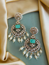 Load image into Gallery viewer, Mint 22k Gold plated Tayani chandbali  Beads Stone Earrings
