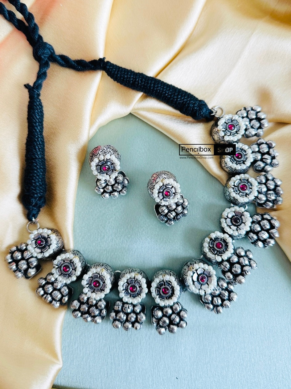Ruby German Silver simple Silver Beads Necklace set – PencilboxShopUSA