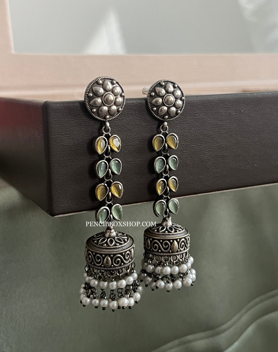 German Silver Long Stone Layered Jhumka Earrings
