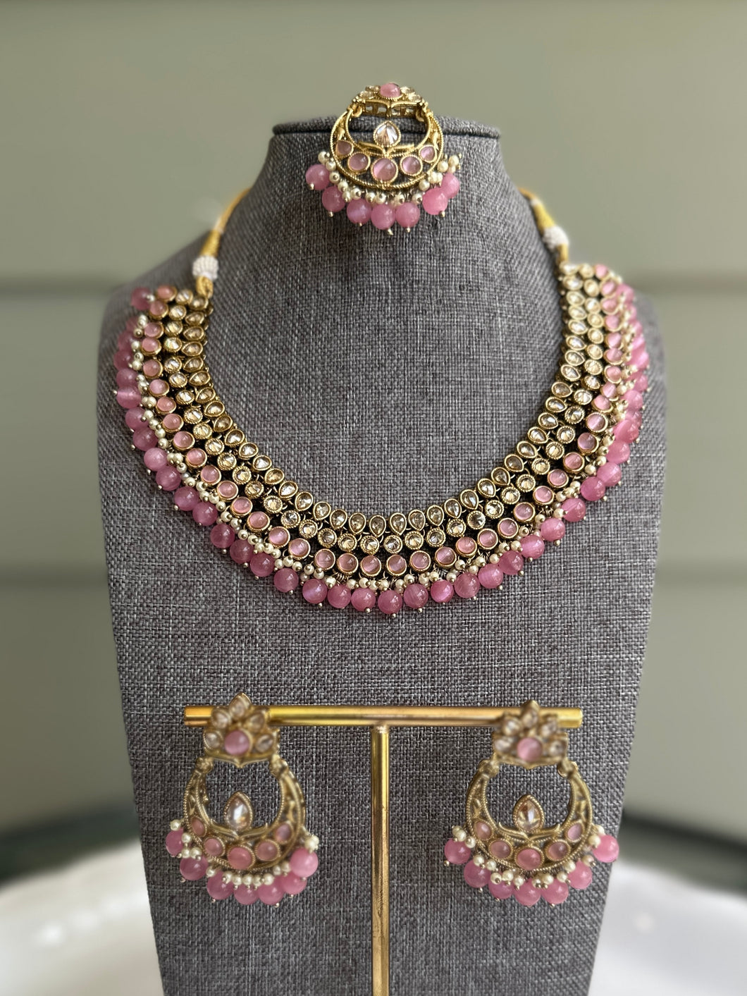 Pink Polki Pearl kundan Polki Necklace set with Maangtikka