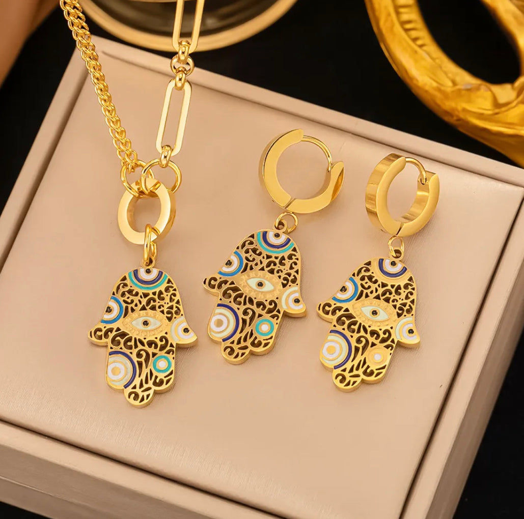 Evil Eye 18k gold plated Stainless steel Rhinestone Necklace set IDW