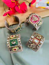 Load image into Gallery viewer, Jute Kundan Meenakari stone gold finish cuff Kada Adjustable
