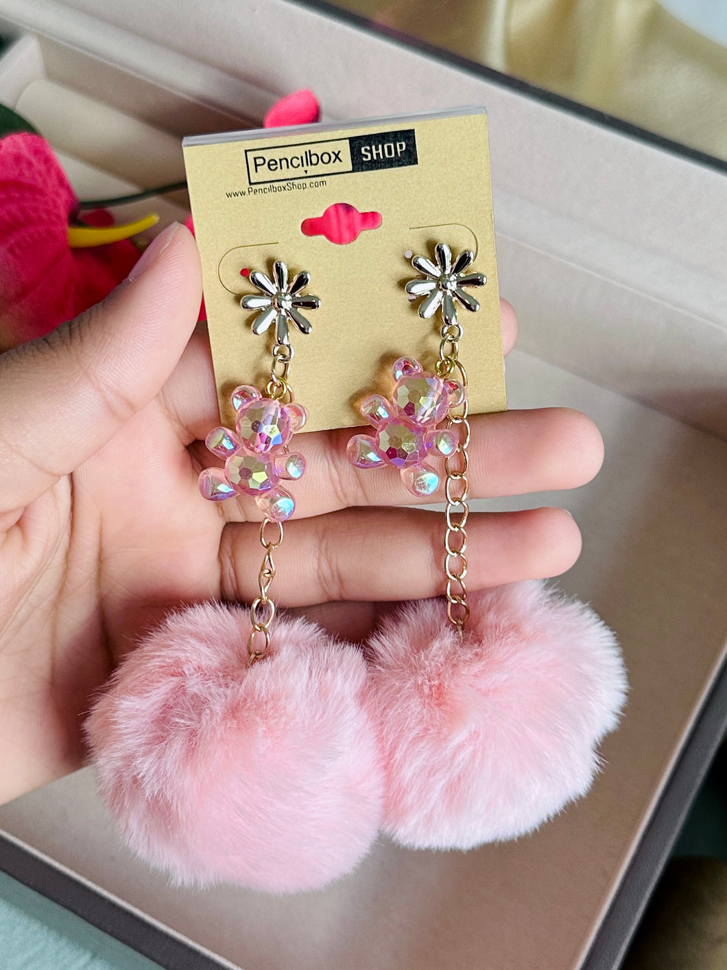 Pom pom fur Teddy pink ball Pearl Hanging earrings IDW