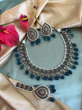 Load image into Gallery viewer, Royal Blue  Golden Polki Necklace Set with Maangtikka
