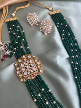 Load image into Gallery viewer, CAmerican Diamond Moissanite Green mala long Victorian Kundan Necklace set
