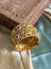 Load image into Gallery viewer, Set of 2 Bangles elephant Ruby stone matte gold finish
