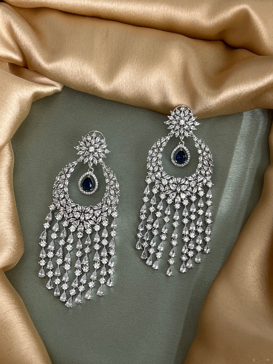 Cocktail American Diamond Silver Designer Royal Blue Earrings