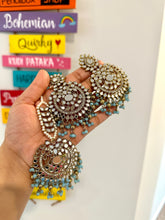 Load image into Gallery viewer, Pearl beads Chandbali  Mirror Jhumka Set with Maangtikka Set
