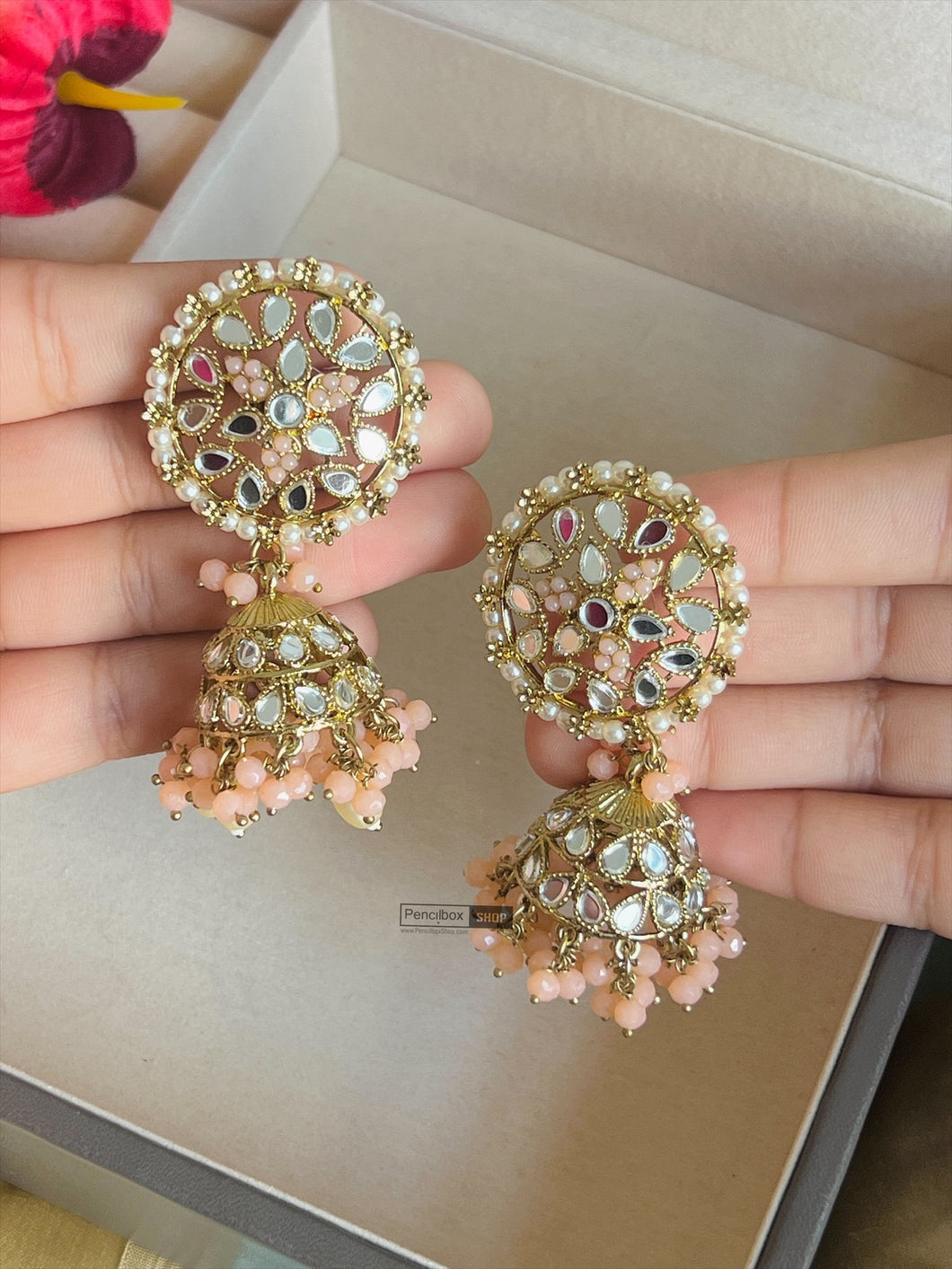 Mirror Peach Beads Jhumki Earrings