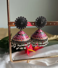 Load image into Gallery viewer, German silver Painted Pearl Jhumka Earrings
