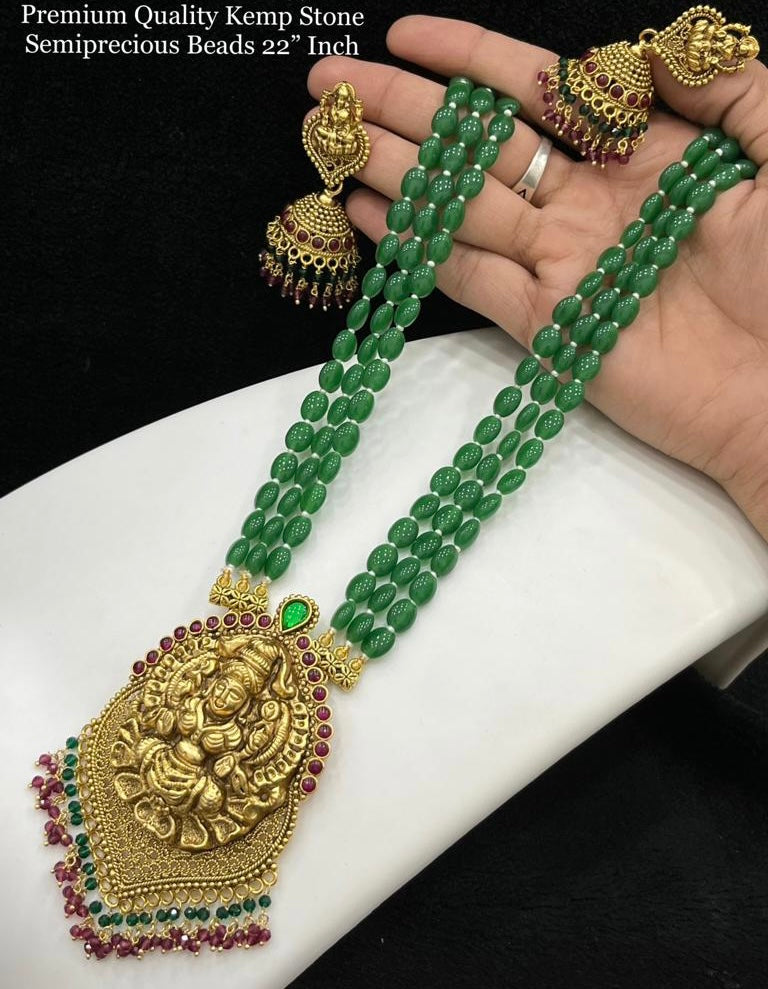 Semi Precious Beads mala Lakshmi Ji Long Necklace set Temple Jewelry