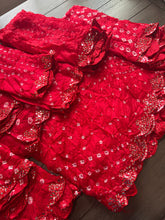 Load image into Gallery viewer, Georgette Foil Mirror Work Border Red Bandhani dupatta
