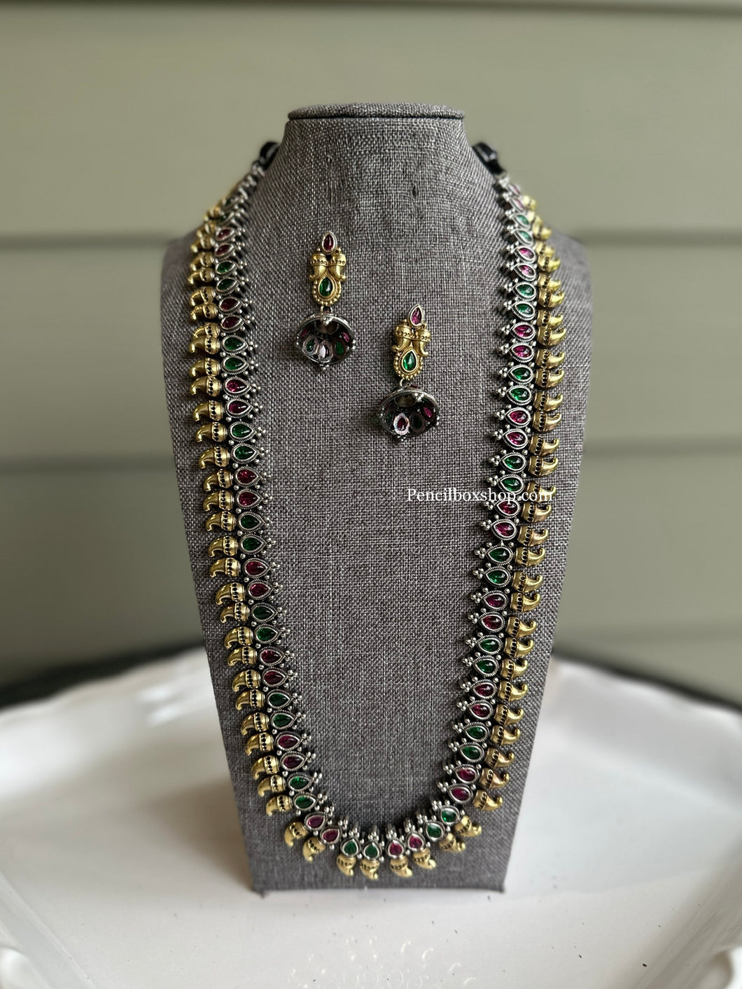 German silver Long Ruby Green Statement Dual Tone necklace set