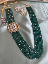 Load image into Gallery viewer, CAmerican Diamond Moissanite Green mala long Victorian Kundan Necklace set
