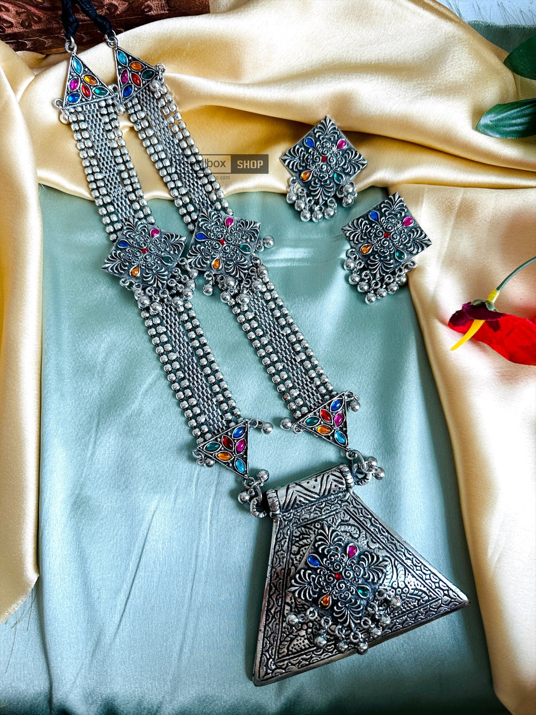 Multicolor Statement Triangle  Stone Big Pendant Oxidised Afghani Necklace set
